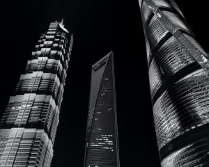 Preview wallpaper city, buildings, lights, bottom view, bw
