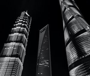 Preview wallpaper city, buildings, lights, bottom view, bw