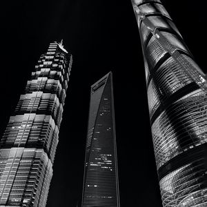 Preview wallpaper city, buildings, lights, bottom view, bw