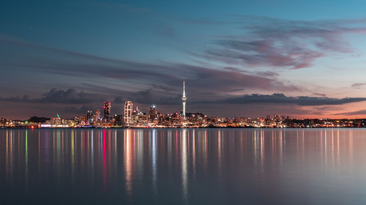 Wallpaper city, buildings, lights, reflection, twilight