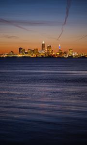 Preview wallpaper city, buildings, lights, water, twilight