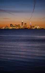 Preview wallpaper city, buildings, lights, water, twilight