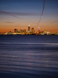 Preview wallpaper city, buildings, lights, water, twilight