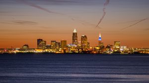 Preview wallpaper city, buildings, lights, water, twilight