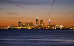 Preview wallpaper city, buildings, lights, water, twilight