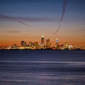Preview wallpaper city, buildings, lights, water, twilight