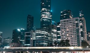 Preview wallpaper city, buildings, lights, water, reflection, night