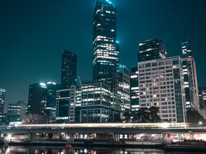 Preview wallpaper city, buildings, lights, water, reflection, night