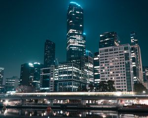 Preview wallpaper city, buildings, lights, water, reflection, night