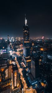 Preview wallpaper city, buildings, lights, night, aerial view