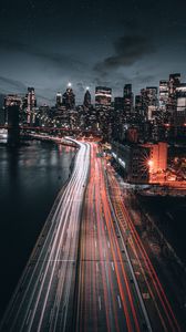 Preview wallpaper city, buildings, lights, road, long exposure