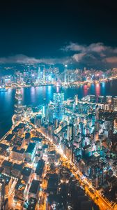 Preview wallpaper city, buildings, lights, water, aerial view