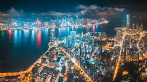 Preview wallpaper city, buildings, lights, water, aerial view