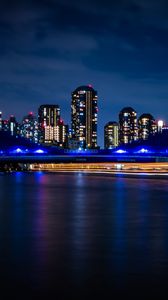 Preview wallpaper city, buildings, lights, water, night, dark