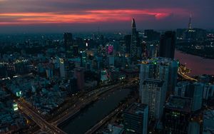 Preview wallpaper city, buildings, lights, aerial view, twilight