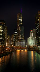 Preview wallpaper city, buildings, lights, river, night