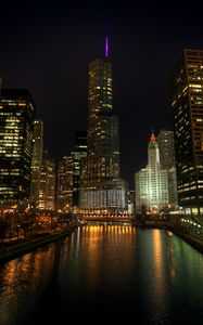 Preview wallpaper city, buildings, lights, river, night