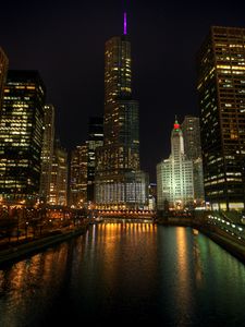 Preview wallpaper city, buildings, lights, river, night