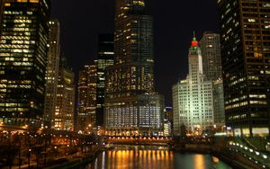 Preview wallpaper city, buildings, lights, river, night