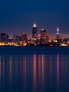 Preview wallpaper city, buildings, lights, reflection, water, twilight