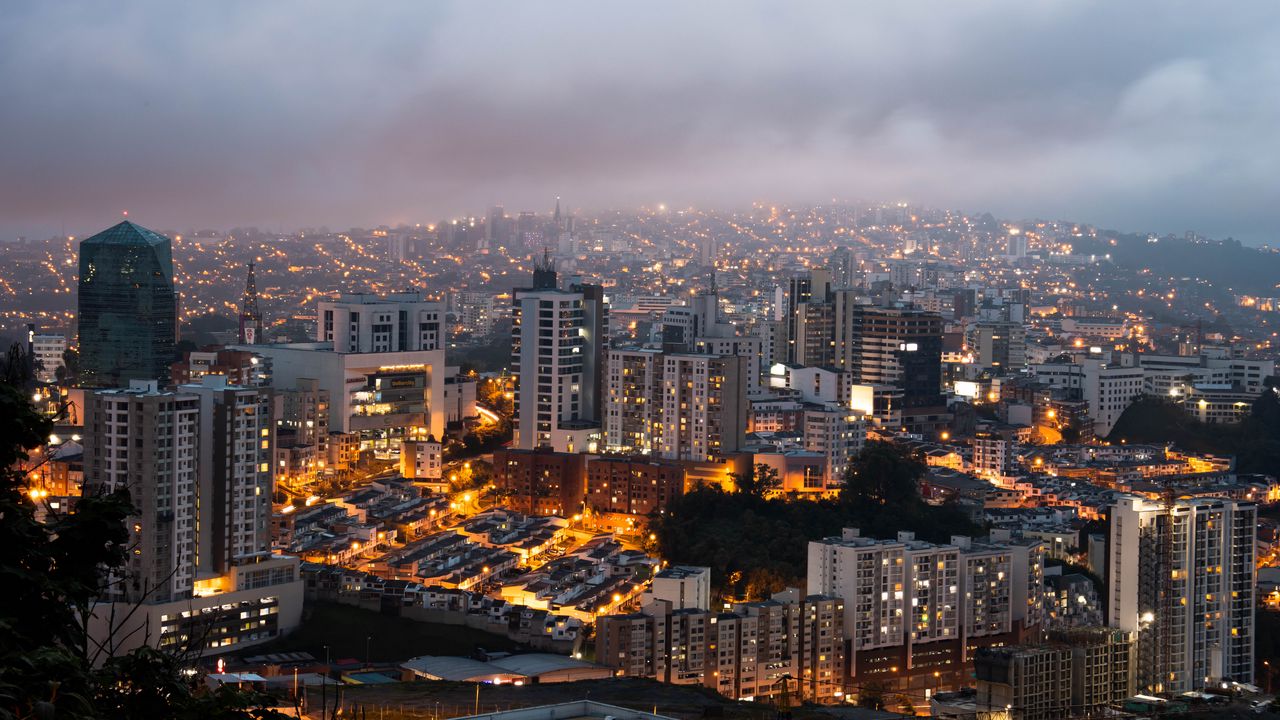 Wallpaper city, buildings, lights, fog, twilight