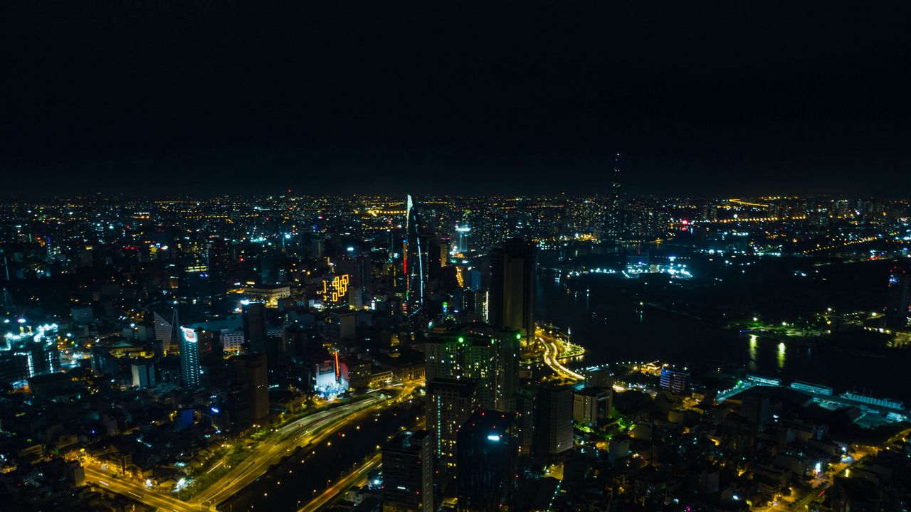 Wallpaper city, buildings, lights, night, aerial view, dark