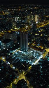 Preview wallpaper city, buildings, lights, road, aerial view, night, dark