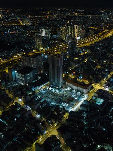 Preview wallpaper city, buildings, lights, road, aerial view, night, dark