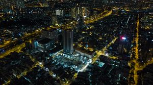 Preview wallpaper city, buildings, lights, road, aerial view, night, dark