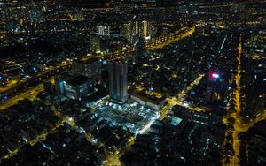 Preview wallpaper city, buildings, lights, road, aerial view, night, dark