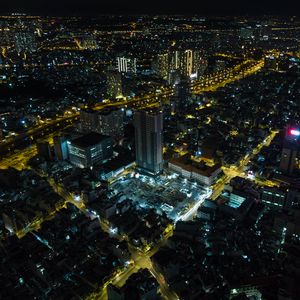 Preview wallpaper city, buildings, lights, road, aerial view, night, dark