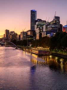 Preview wallpaper city, buildings, lights, river, twilight