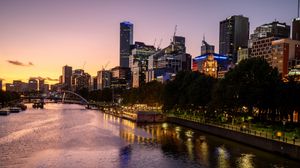 Preview wallpaper city, buildings, lights, river, twilight