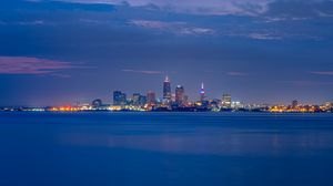 Preview wallpaper city, buildings, lights, water, twilight, blue