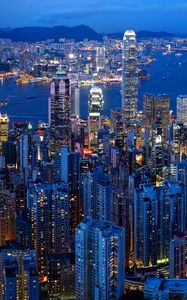 Preview wallpaper city, buildings, metropolis, lights, aerial view, twilight