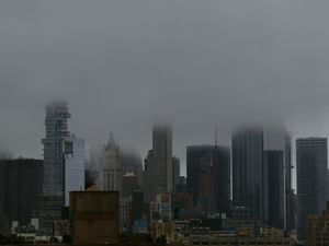 Preview wallpaper city, buildings, metropolis, fog, haze