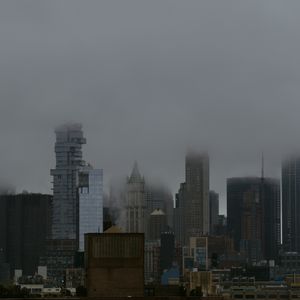 Preview wallpaper city, buildings, metropolis, fog, haze