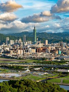 Preview wallpaper city, buildings, mountains, view