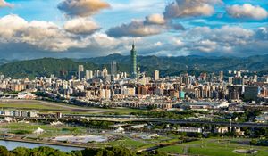 Preview wallpaper city, buildings, mountains, view