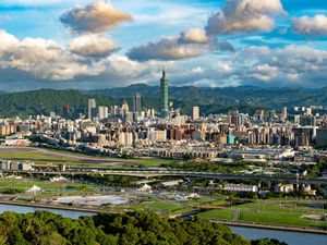Preview wallpaper city, buildings, mountains, view