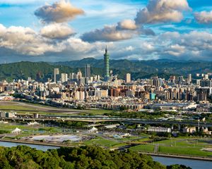 Preview wallpaper city, buildings, mountains, view