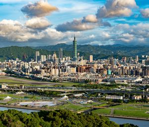 Preview wallpaper city, buildings, mountains, view