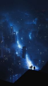 Preview wallpaper city, buildings, neon, glow, fog, aerial view