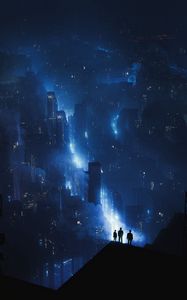 Preview wallpaper city, buildings, neon, glow, fog, aerial view