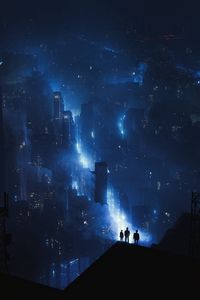 Preview wallpaper city, buildings, neon, glow, fog, aerial view