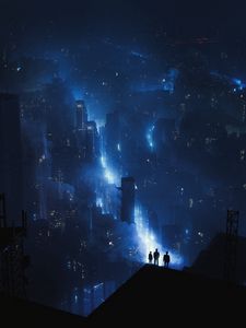 Preview wallpaper city, buildings, neon, glow, fog, aerial view