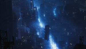Preview wallpaper city, buildings, neon, glow, fog, aerial view
