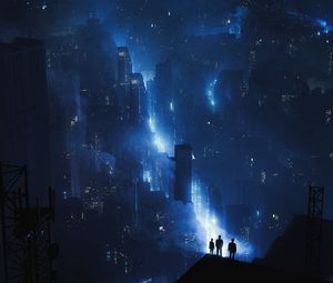 Preview wallpaper city, buildings, neon, glow, fog, aerial view