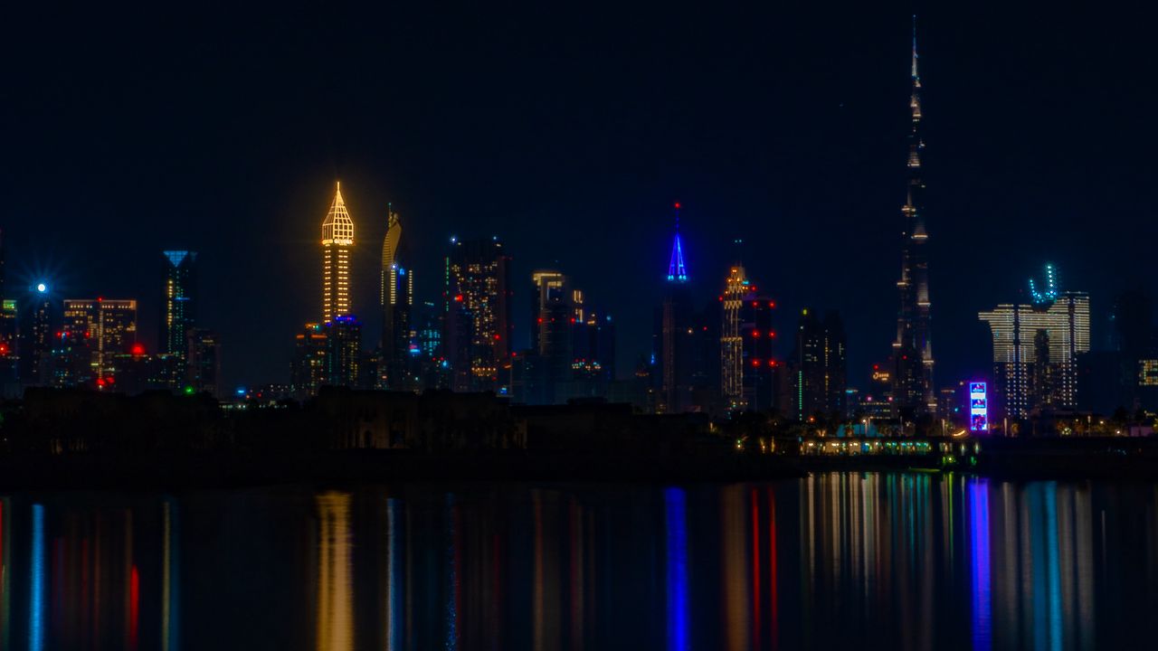 Wallpaper city, buildings, night, coast, water, reflection, dark