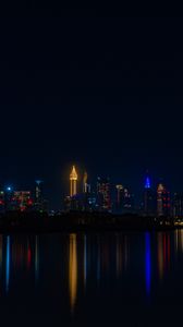 Preview wallpaper city, buildings, night, coast, water, reflection, dark
